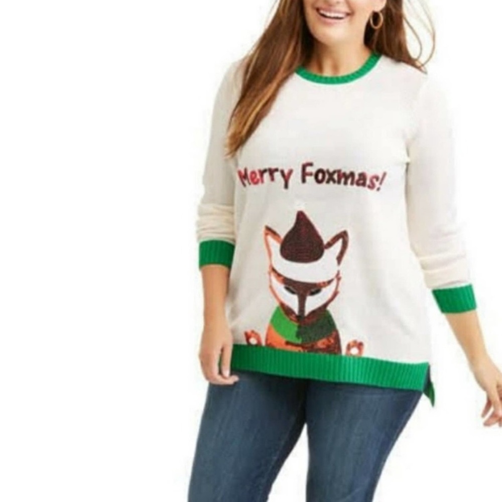 Holiday Time Women’s Sweater Merry Foxmas‎ Christmas Ugly Sequin White Green XXL